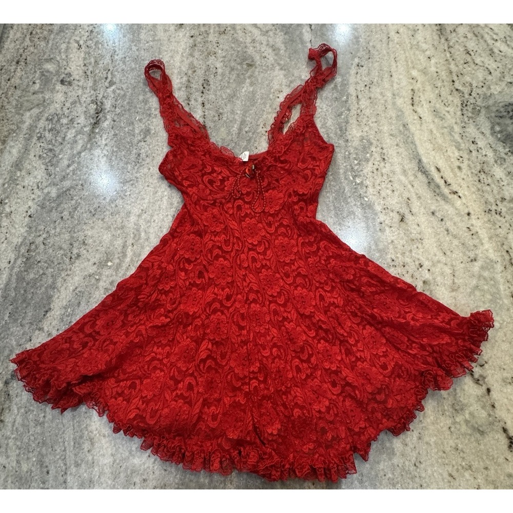 VTG Red Lace Babydoll Dress Lingerie Beaded Loungewear Sexy Sz Medium Nylon